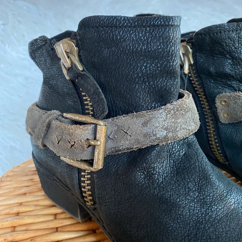 Black Distressed Leather Ankle Booties with Buckle Detail